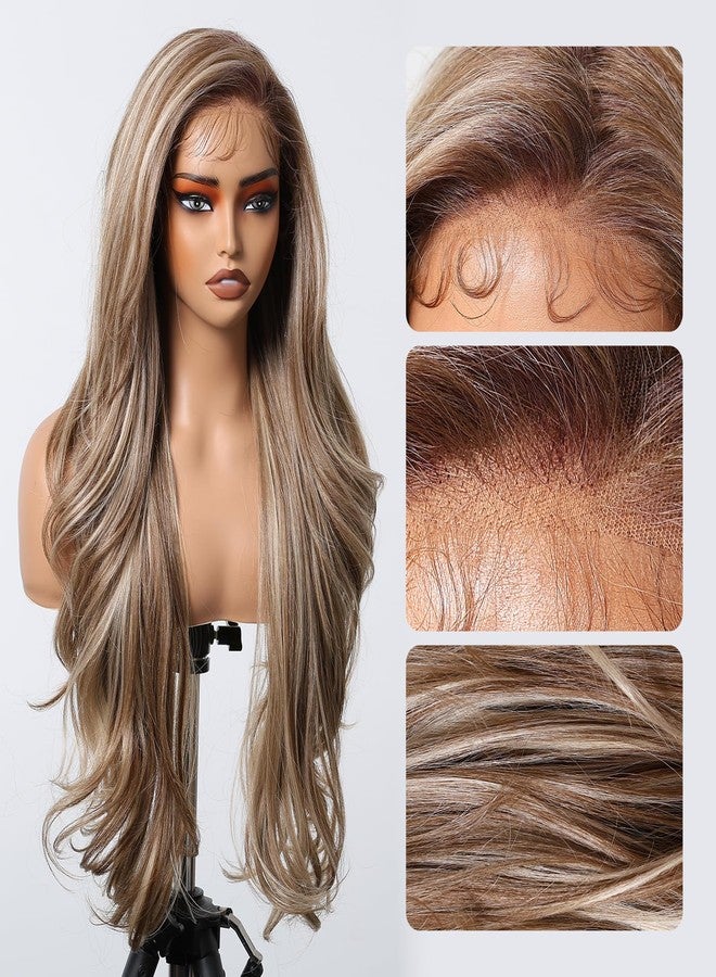 Allbell 13x6 HD Lace Wigs Honey Blonde Synthetic Lace Front Wig Preplucked Hairline with Baby Hair 28inch Long Body Wave Lace Wigs for Women(Brown with Blonde Highlights) - Image 3